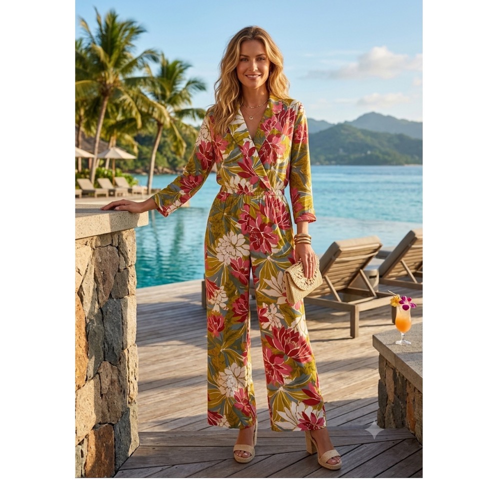 Beautiful Womens Floral Long Sleeve Wide Leg Belted Jumpsuit Multicolor Size 16